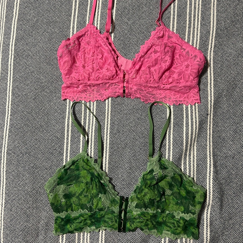 Aerie Bundle of 2 Sunkissed Lace Triangle Bralettes Hot Pink and Green Sz Medium